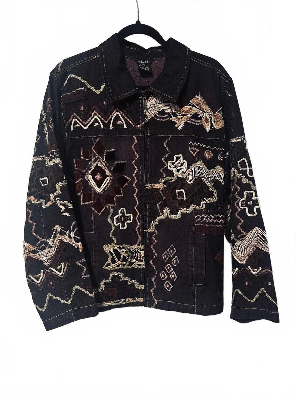 Vintage Brown denim embroidered zip up jacket by Multiples